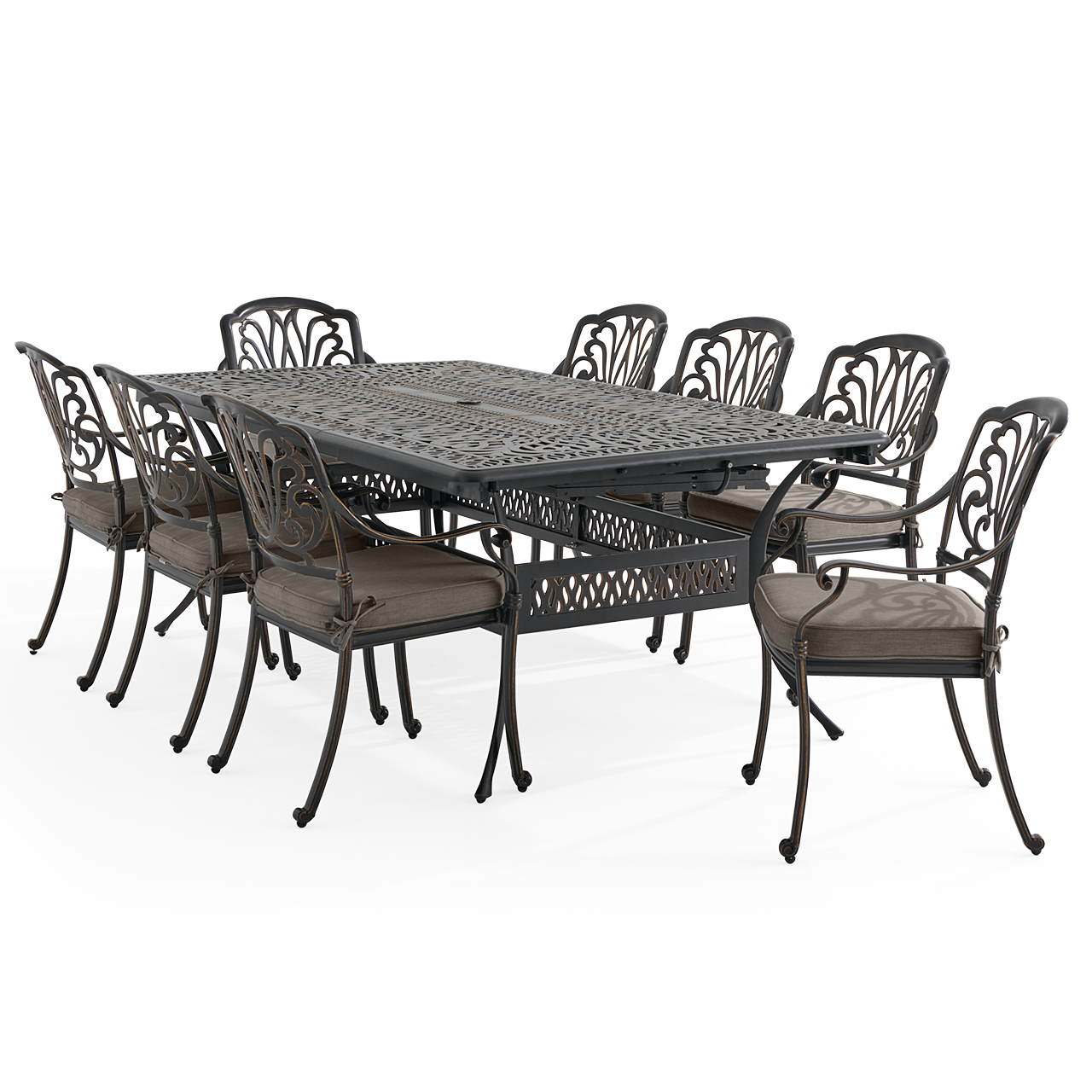 Roma Black Gold Cast Aluminum with Cushions 9 Piece Dining Set + 84-132 x 48 in. Double Extension Table (Linen Graphite)