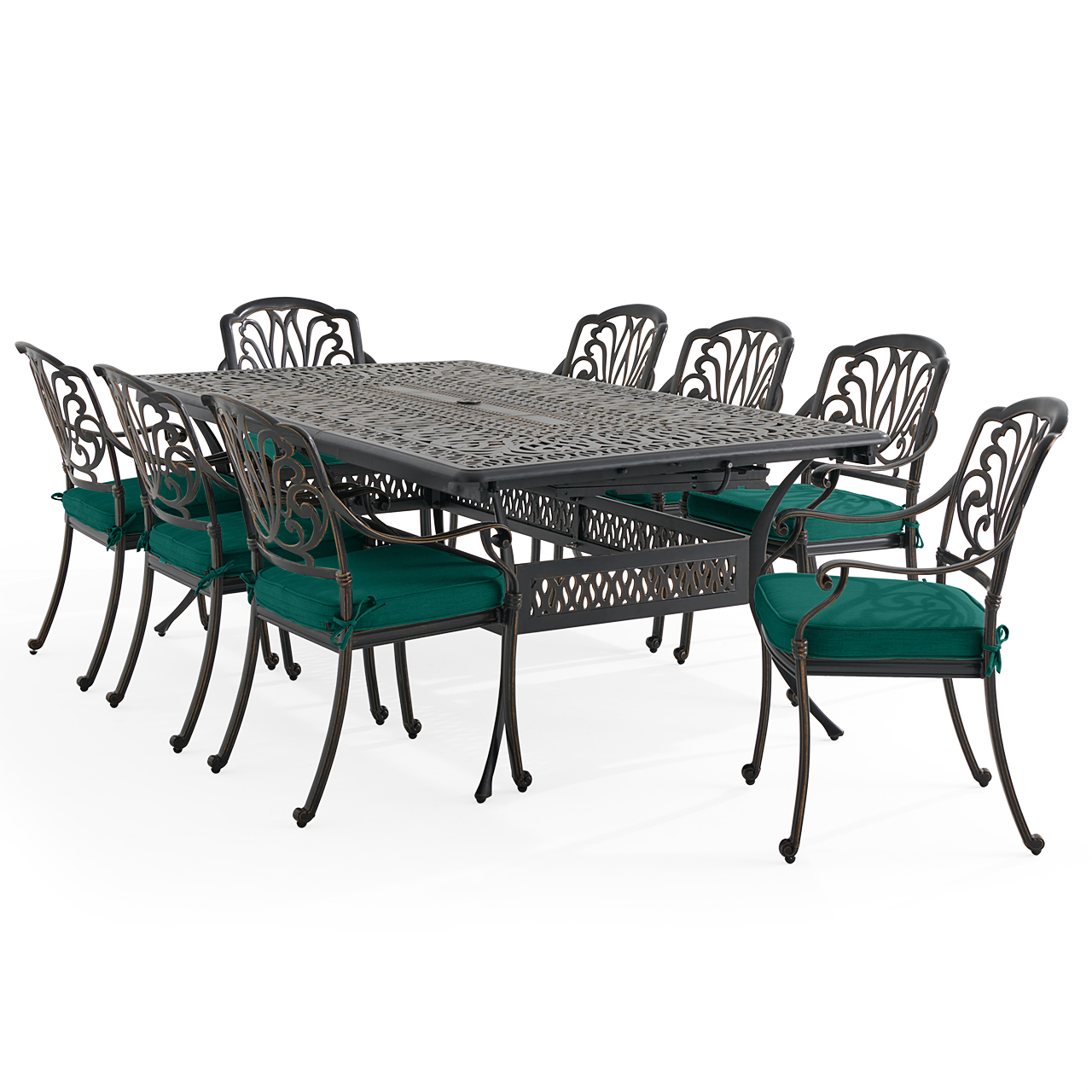 Roma Black Gold Cast Aluminum with Cushions 9 Piece Dining Set + 84-132 x 48 in. Double Extension Table (Canvas Forest Green)