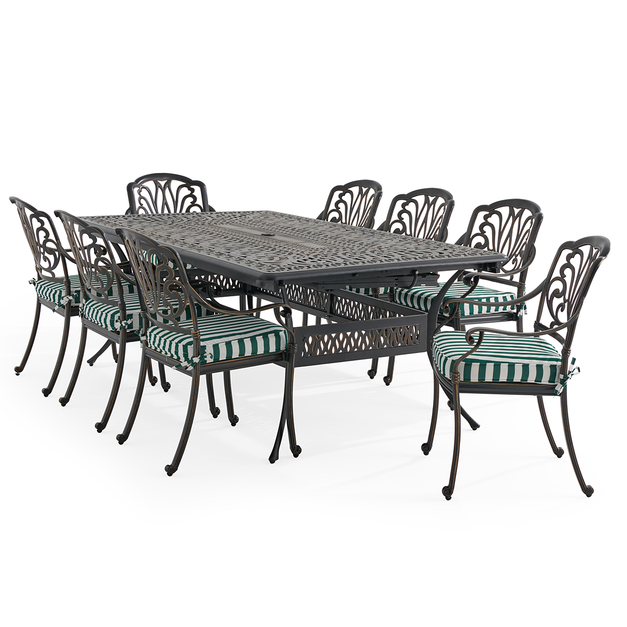 Roma Black Gold Cast Aluminum with Cushions 9 Piece Dining Set + 84-132 x 48 in. Double Extension Table (Mason Forest Green)