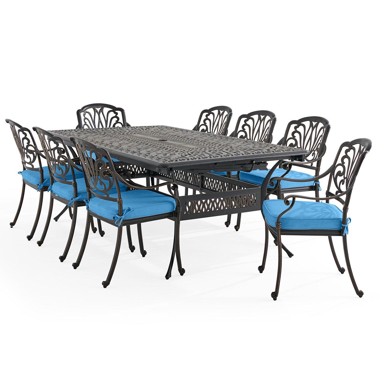 Roma Black Gold Cast Aluminum with Cushions 9 Piece Dining Set + 84-132 x 48 in. Double Extension Table (Canvas Regatta)