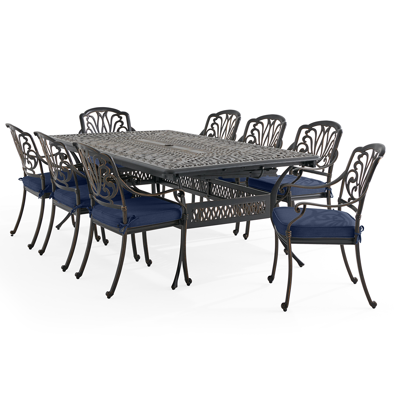 Roma Black Gold Cast Aluminum with Cushions 9 Piece Dining Set + 84-132 x 48 in. Double Extension Table (Spectrum Indigo)