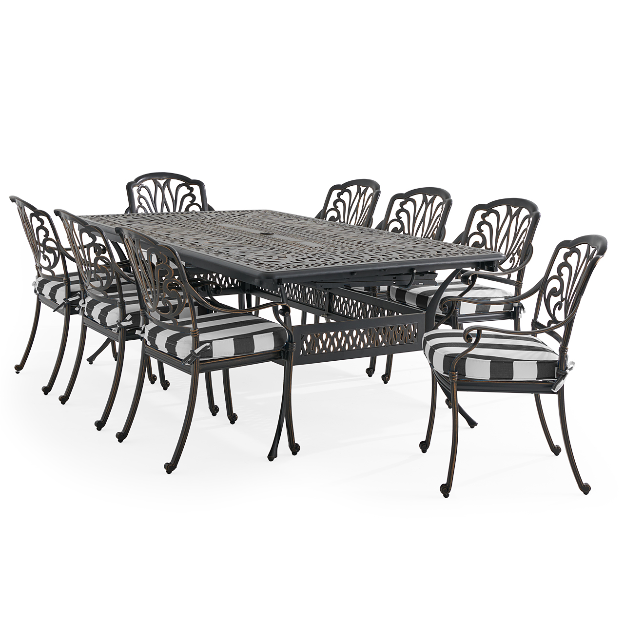Roma Black Gold Cast Aluminum with Cushions 9 Piece Dining Set + 84-132 x 48 in. Double Extension Table (Cabana Classic)