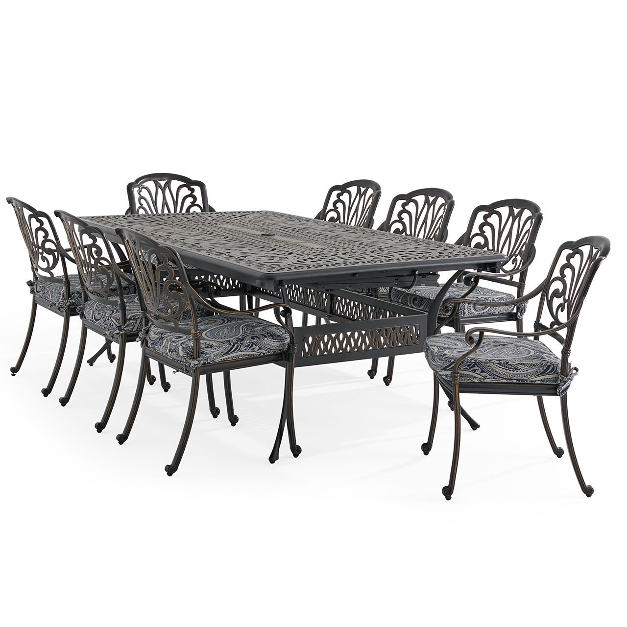 Roma Black Gold Cast Aluminum with Cushions 9 Piece Dining Set + 84-132 x 48 in. Double Extension Table (Royce Indigo)