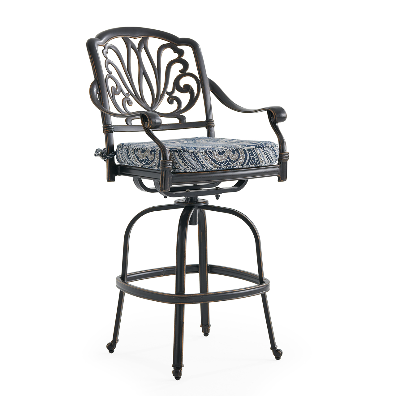 Roma Black Gold Cast Aluminum with Cushion Swivel Barstool (Royce Indigo)
