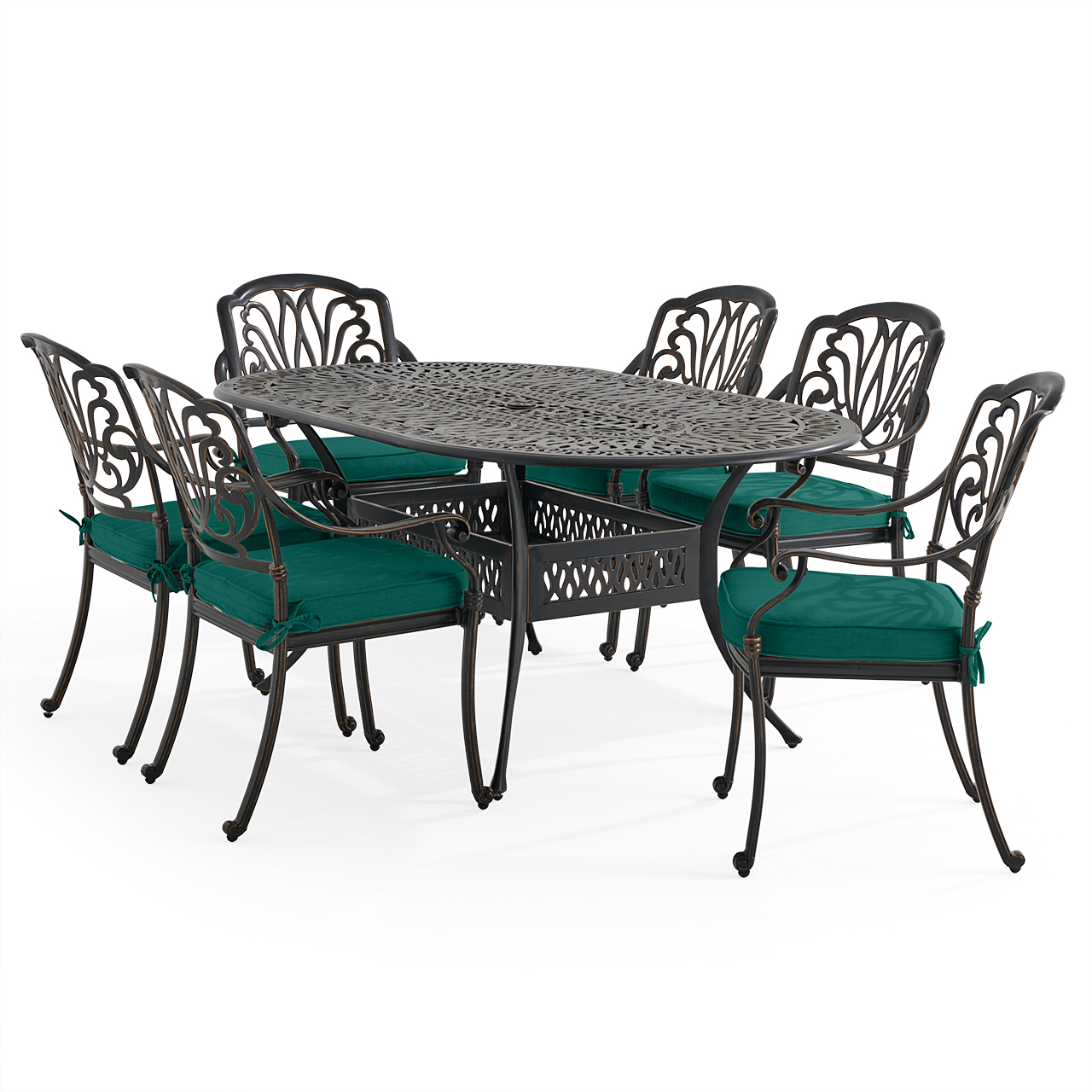 Roma Black Gold Cast Aluminum with Cushions 7 Piece Dining Set + 72 x 42 in. Table (Canvas Forest Green)