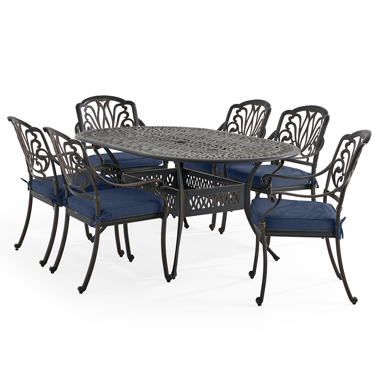 Roma Black Gold Cast Aluminum with Cushions 7 Piece Dining Set + 72 x 42 in. Table (Spectrum Indigo)