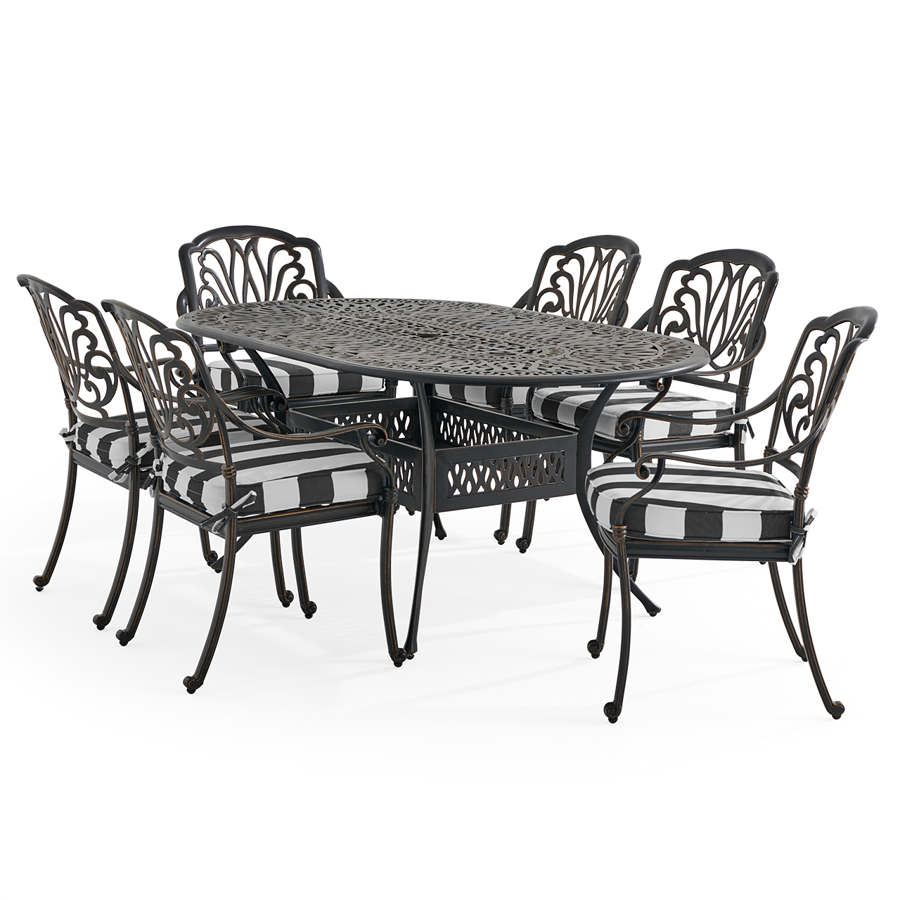 Roma Black Gold Cast Aluminum with Cushions 7 Piece Dining Set + 72 x 42 in. Table (Cabana Classic)