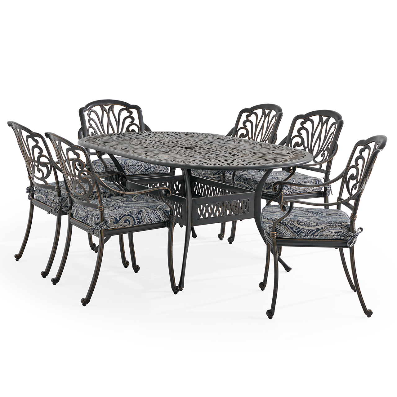 Roma Black Gold Cast Aluminum with Cushions 7 Piece Dining Set + 72 x 42 in. Table (Royce Indigo)