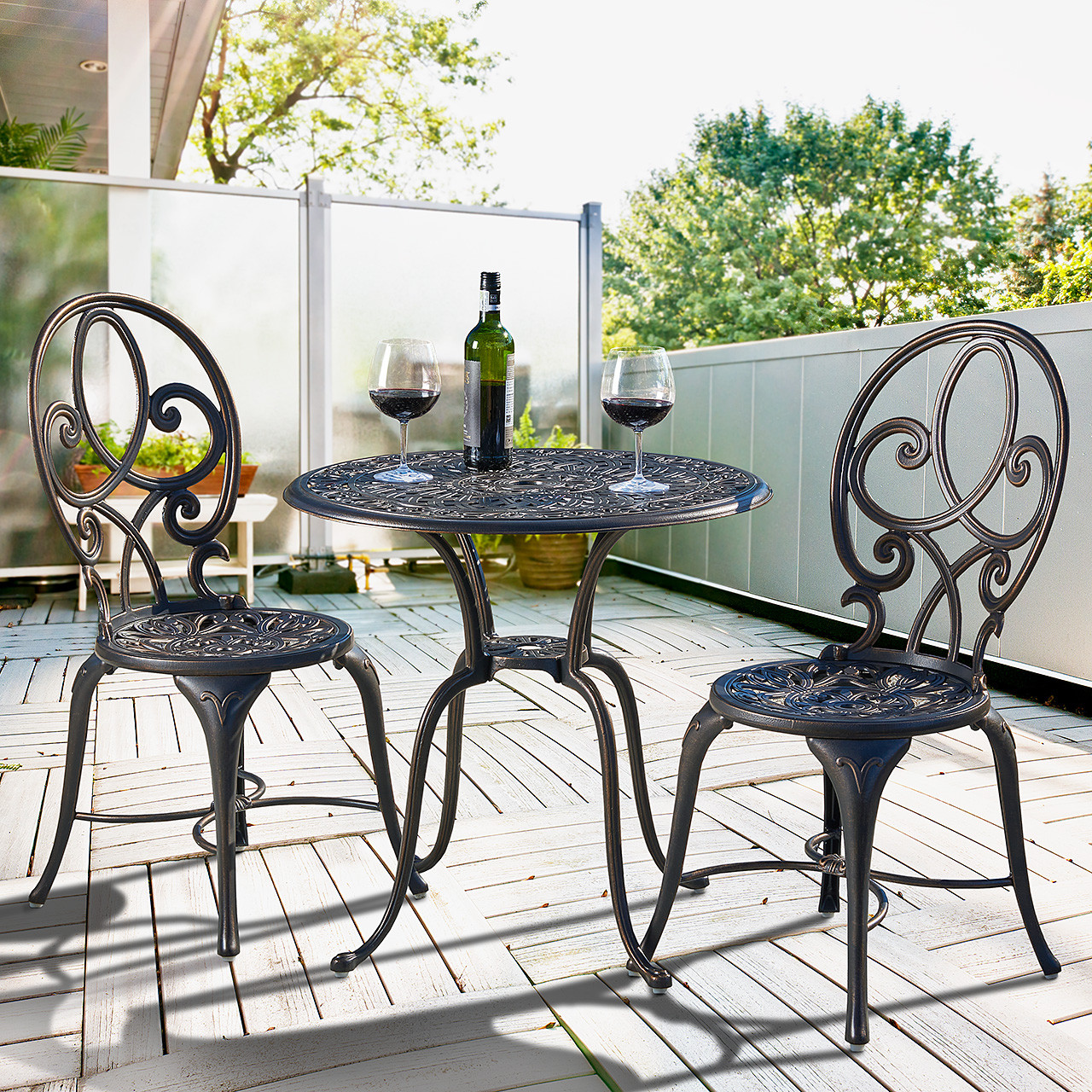 San Paulo Antique Onyx Cast Aluminum 3 Piece Bistro Set with 28 in. D Table (Finish: Black)