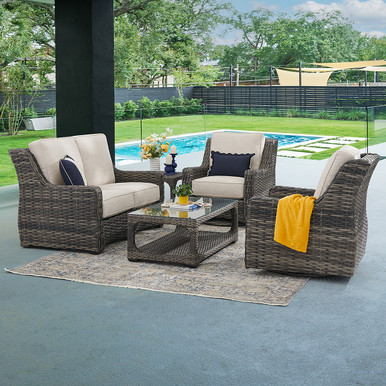 Tangiers Canola Seed Outdoor Wicker and Charmer Limestone Cushions