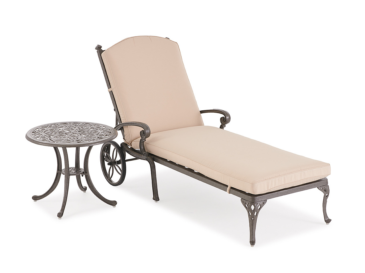 Naples Aged Bronze Cast Aluminum with Cushions 2 Piece Chaise Lounge Set + 22 in. D Table (Cabana Classic)