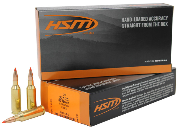HSM 22ARC3N 22 ARC V-Max 60 Grain Centerfire Rifle Ammunition