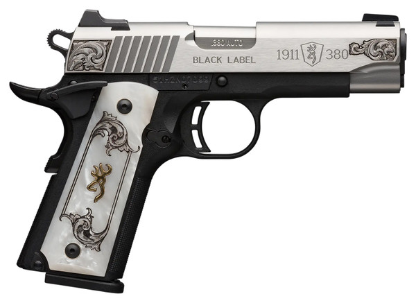 Browning 1911 Black Label Medallion .380 ACP Pistol with 3.63-inch Barrel and White Imitation Pearl Grips