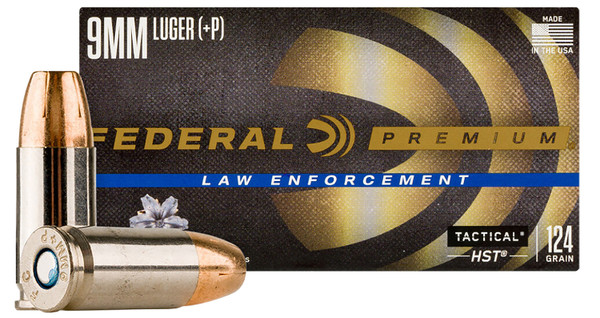 Federal 9mm Luger +P HST Jacketed Hollow Point Ammunition, 124 Grain, 50 Rounds