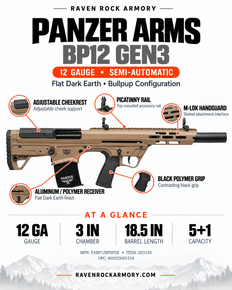 Panzer BP12 Bullpup Gen3 12 Gauge 18.5-Inch Semi-Automatic Shotgun FDE