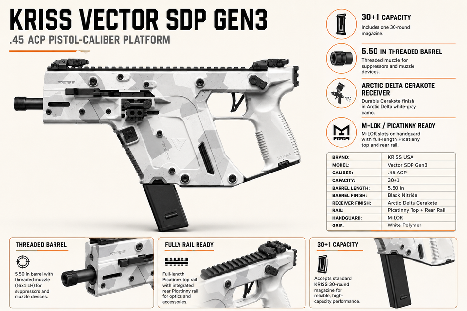 KRISS KV45-3PAD00 Vector SDP G3 45 ACP Semi-Auto Pistol / 5.5 Inch Barrel / Arctic Finish