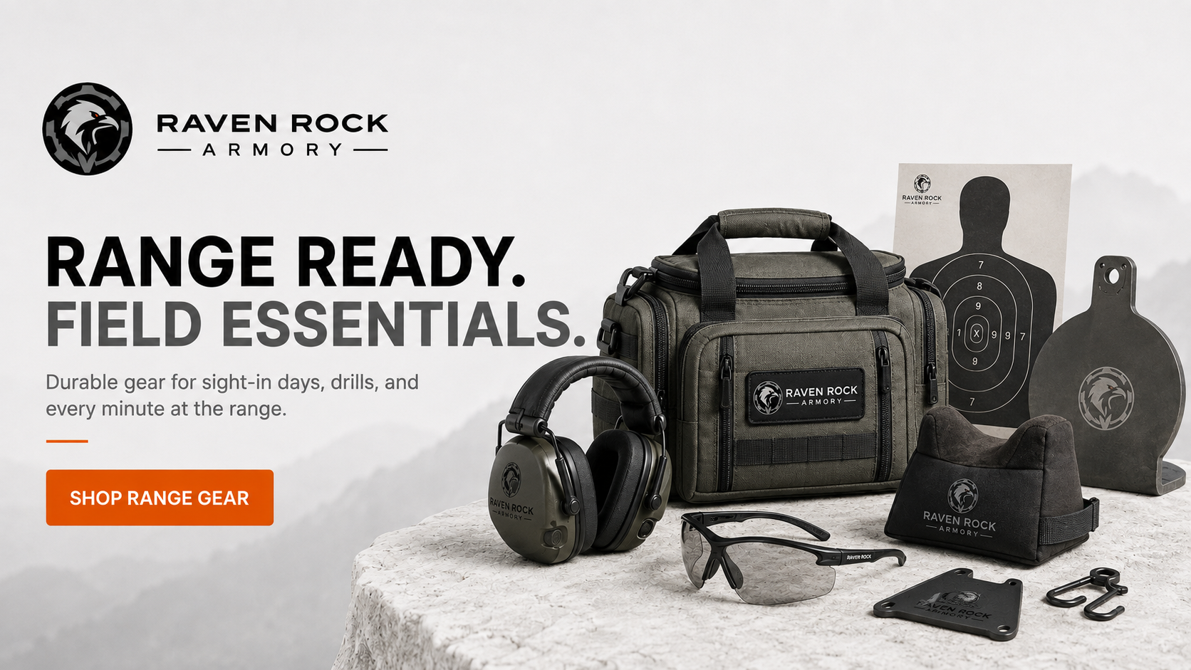 Range gear including bags hearing protection eye protection rests and targets