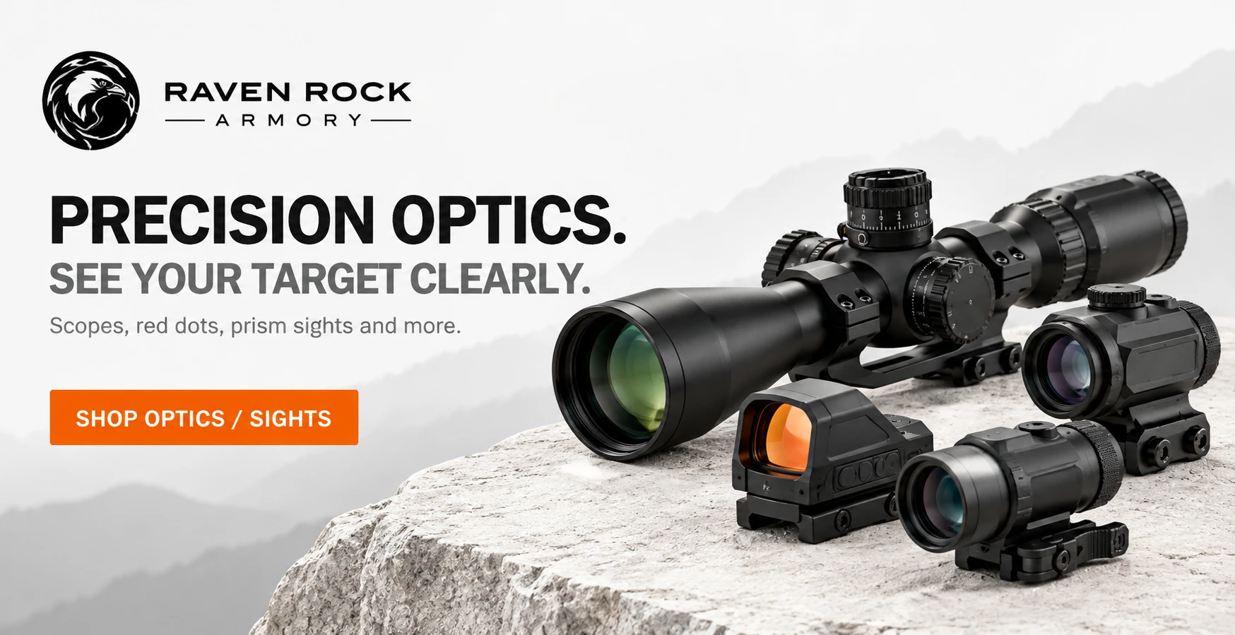 Raven Rock Armory precision optics banner featuring rifle scopes red dots prism sights and magnifiers