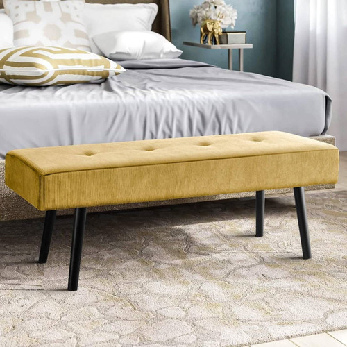 Modern Yellow Corduroy Upholstered End of Bed Bench with Black Metal Legs Q280-YHBSC79254714628