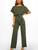 Solid Crew Neck Short Sleeve Jumpsuit; High Waist Wide Leg Long Length With Belt Jumpsuit