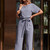 Solid Crew Neck Short Sleeve Jumpsuit; High Waist Wide Leg Long Length With Belt Jumpsuit