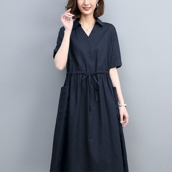 Breathable Cotton Linen Midi Dress With 2 Pockets Female Summer Hot Sale Waist Temperament Casual Skirt Office Holiday Beach New