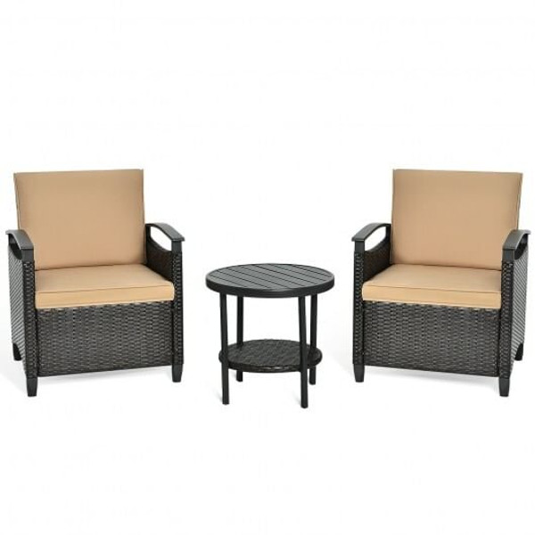 3 Pieces Patio Rattan Furniture Set Cushioned Sofa Storage Table with Shelf Garden B593-HW64401