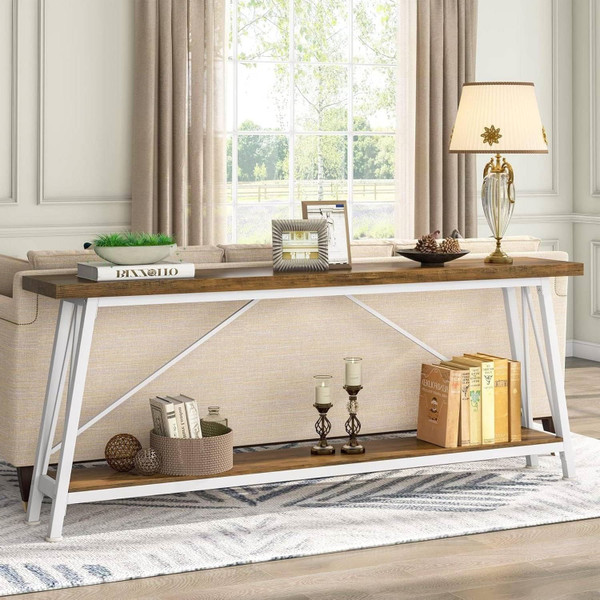 Heavy Duty 70-inch Industrial Brown Wood Top Sofa Table with White Metal Frame Q280-SCTELB1592587