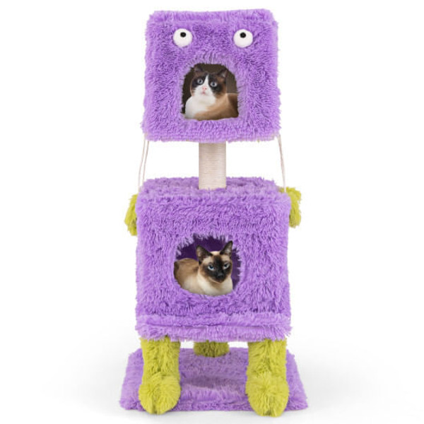 Cute Monster-Themed Cat Tower with 2 Private Condos for Small Place-Purple B593-PV10189