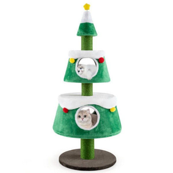 Christmas Cat Tree for Indoor Cats Cute Holiday Cat Tower with 2 Condos-Green B593-PV10229