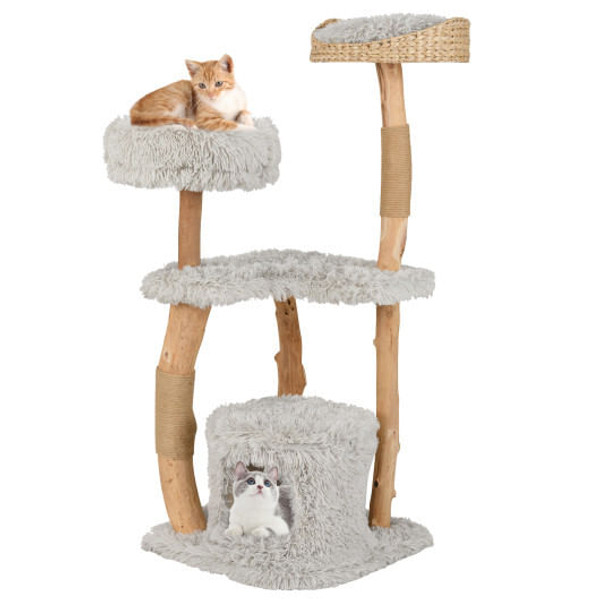 Solid Wood Cat Tower with Top Cattail Basket Cat Bed-Gray - Color: Gray D681-PV10101GR