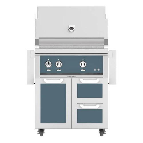  Hestan 30-Inch Propane Gas Grill W/ All Infrared Burners & Rotisserie On Double Drawer & Door Tower Cart - Pacific Fog - GSBR30-LP-GG 