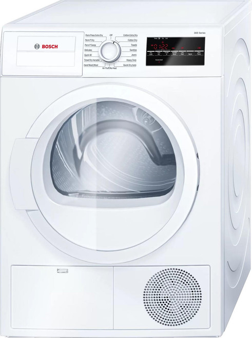 Bosch 300 Series WTG86403UC 24 Inch Compact Condensation Electric Dryer with 4.0 Cu Ft Capacity, 15 Drying Cycles, 6 Options, Extra-Fine Lint Filter, ActiveDry System, Sensitive Drying System, Anti-Vibration, Child Lock, and ENERGY STAR Certified