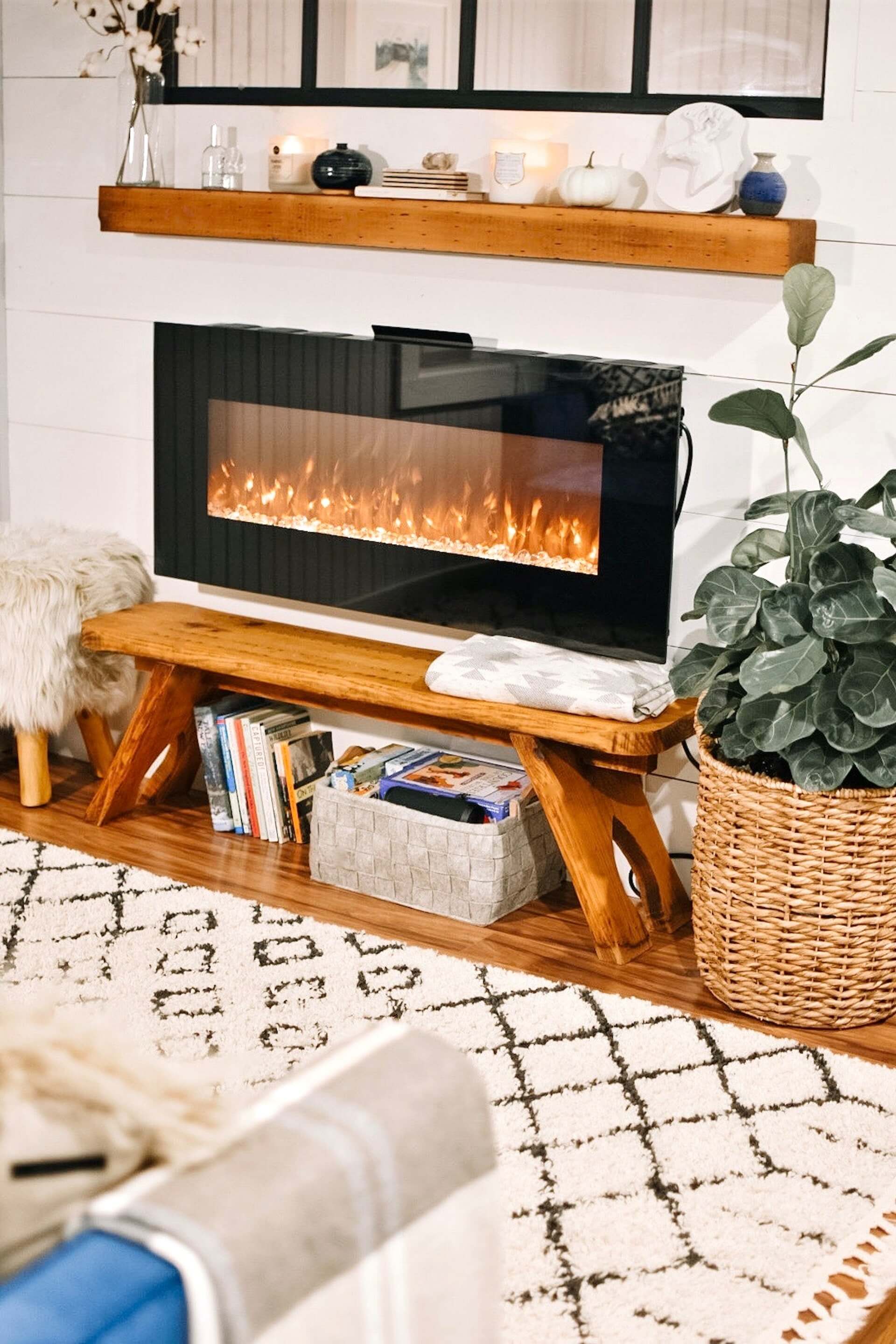 Electric fireplace in a living room.