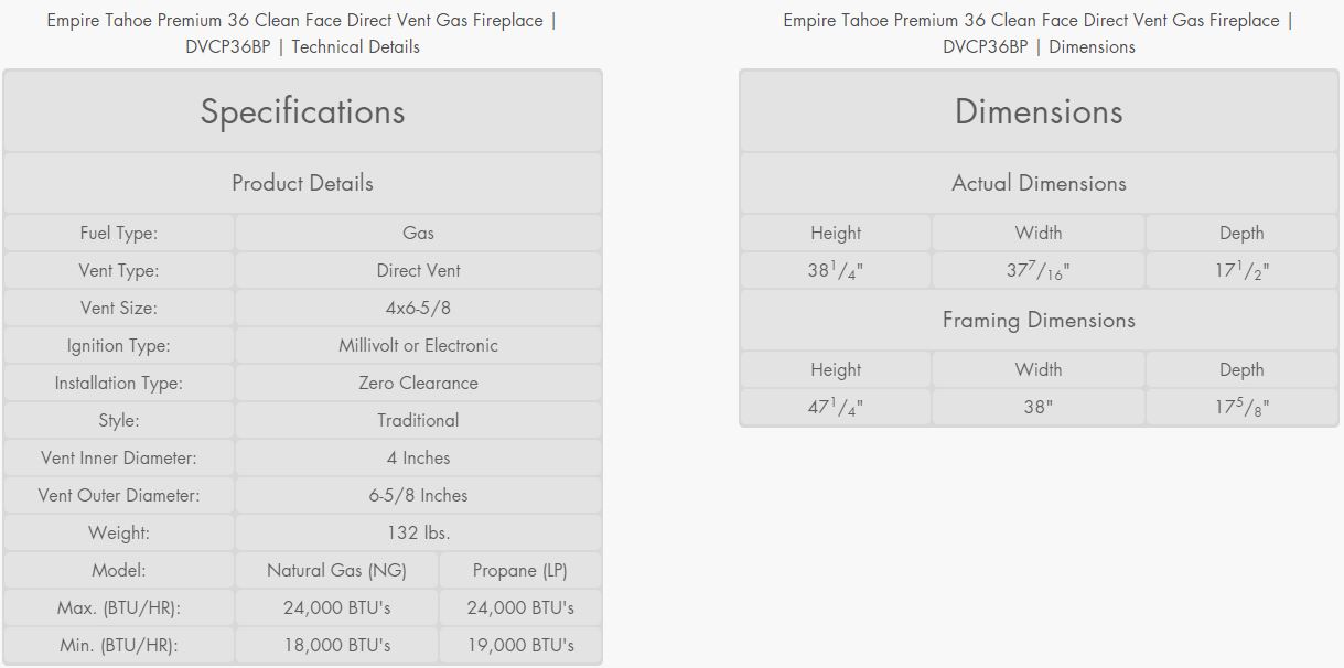Empire Tahoe Traditional Direct Vent Fireplace Premium 36