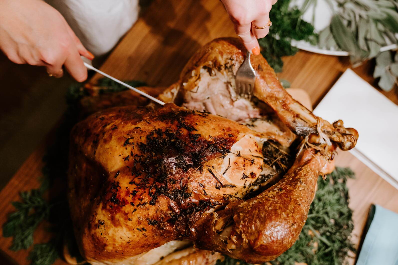 Person carving a turkey