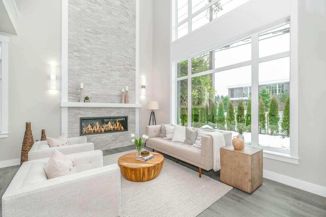 Photo of an electric fireplace burning in a living room