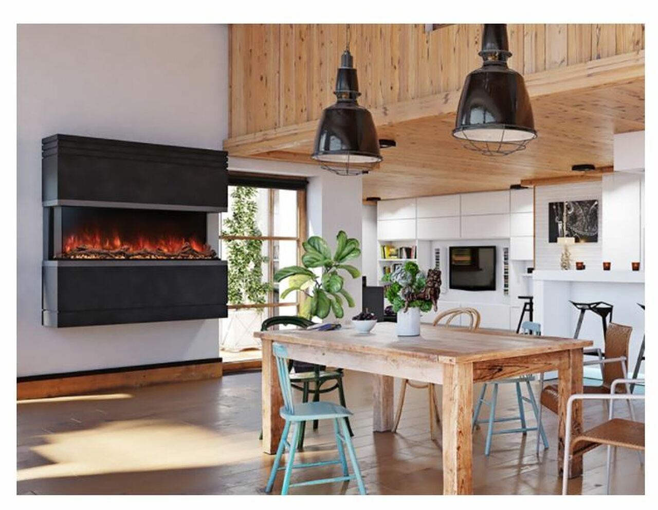 Real looking fireplace in an open layout kitchen dining area