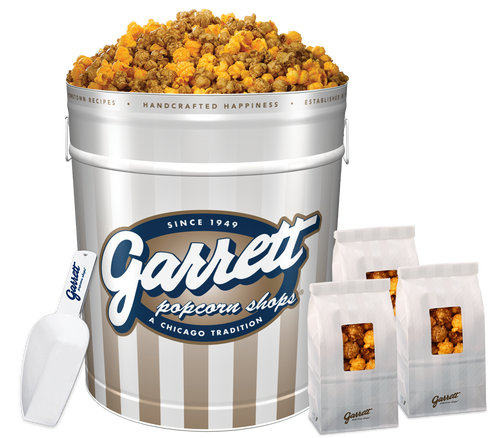 Garrett Popcorn Shops DIY Gourmet Favors - Signature Platinum Celebration Tin of Garrett Mix with Bags of Garrett Mix and a Scoop