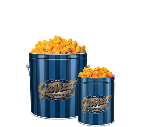 Garrett Popcorn Shops Signature Blue Classic Tin of CheeseCorn with a Signature Blue Petite Tin of Spicy CheeseCorn