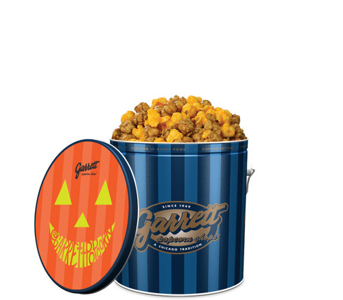 Garrett Mix Halloween Treat - Classic Signature Blue Tin of Garrett Mix with an Orange Halloween themed Lid Decal