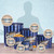 Tin Garrett Popcorn Shops Tin Sizing Diagram Showcasing Petite through Celebration Tin Sizes in Signature Blue