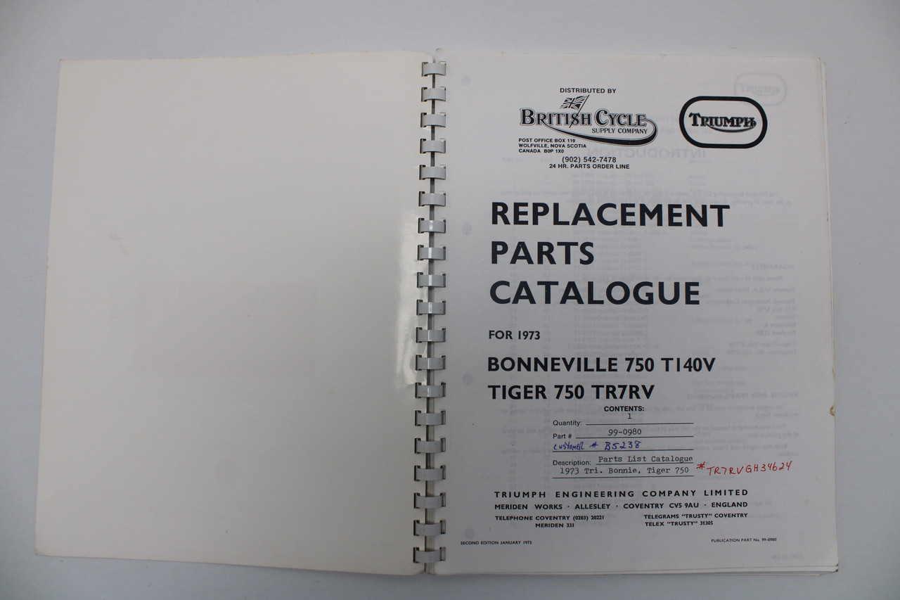 Triumph British Cycle Replacement Parts Catalogue 1973 for T140V TR7RV