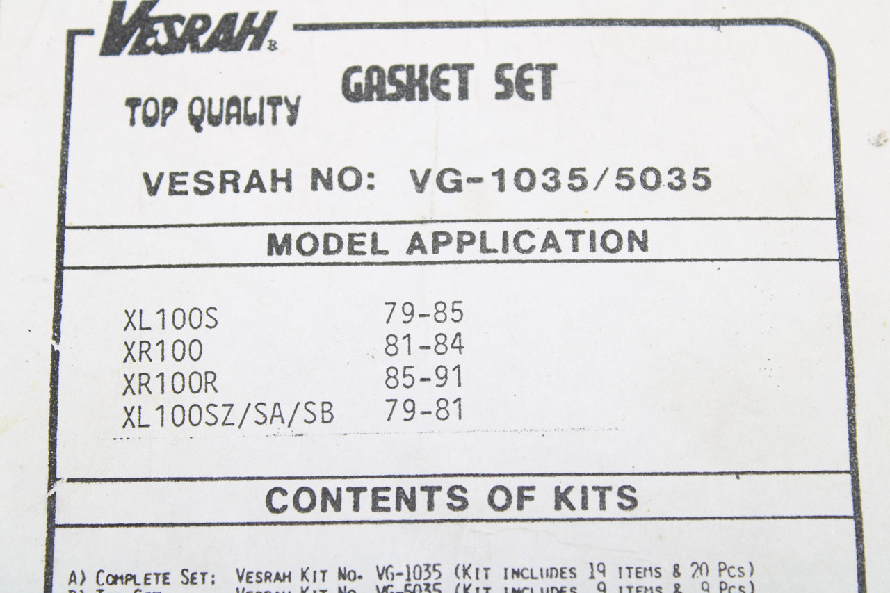 Vesrah Complete Gasket Set VG-5035 Honda XL100S XR100/100R XL100SZ/SA/SB