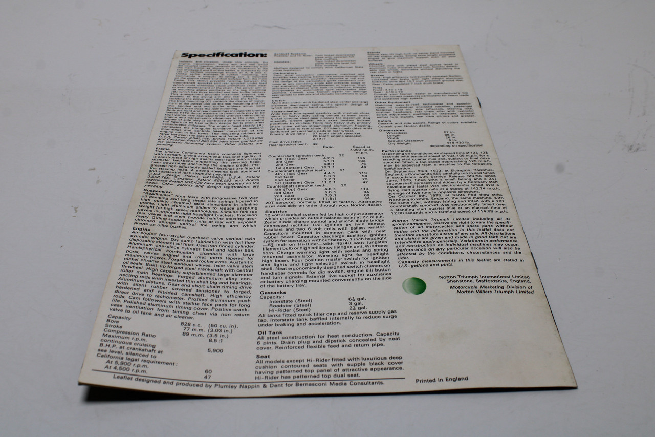 Triumph  Norton Commando 750 850 Range Brochure 1974 Roadster