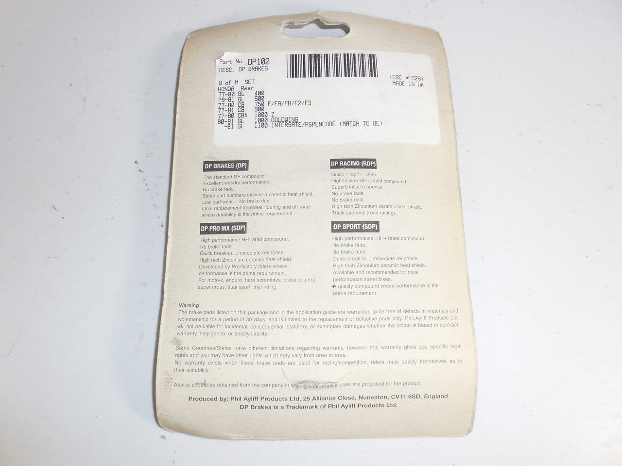 DP102 Brake Pad Set Honda CB750 CBX GL1100 CX500 CB GL CX