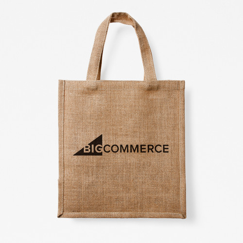 Burlap tote bag laying flat with the BigCommerce logo in black.