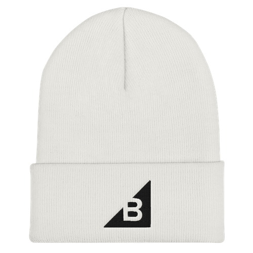 White B Mark Logo Beanie, front view laying flat.