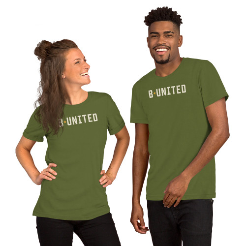 BUnited T-Shirt front view, on a small and large model standing side by side.