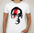 White Sad Larry Shirt on small model.